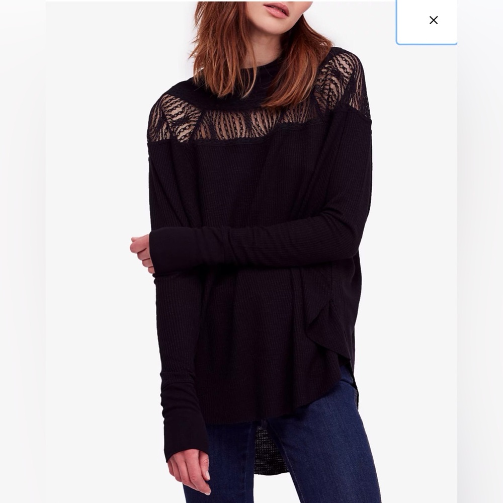 Free People Spring Valley Lace-Trim‎ Top Relaxed Fit Women’s M Black Waffle Knit